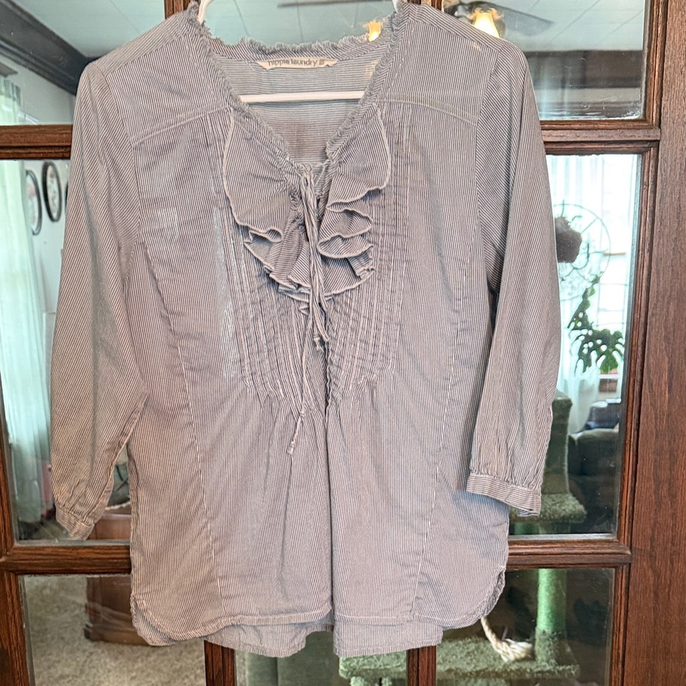 Hippie Laundry Blue White Pinstripe Ruffle Lace Up Peasant Blouse Womens Medium